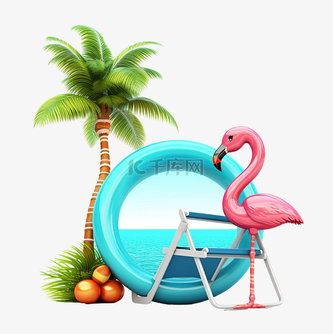 夏季海滩与沙滩椅球游泳圈火烈鸟
