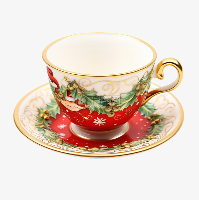 圣诞装饰的彩色瓷茶杯和茶碟