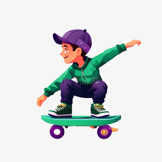 滑板上的男孩平面以紫绿为风格素