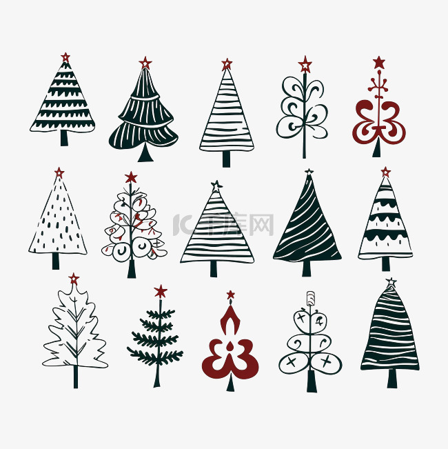 圣诞树剪贴画设置与玩具手绘矢量
