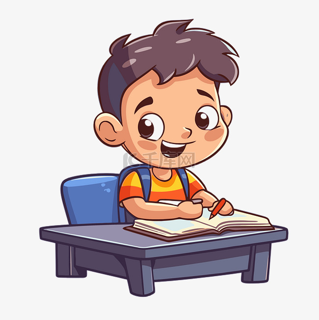 卡通男孩坐在书桌前做作业卡通学