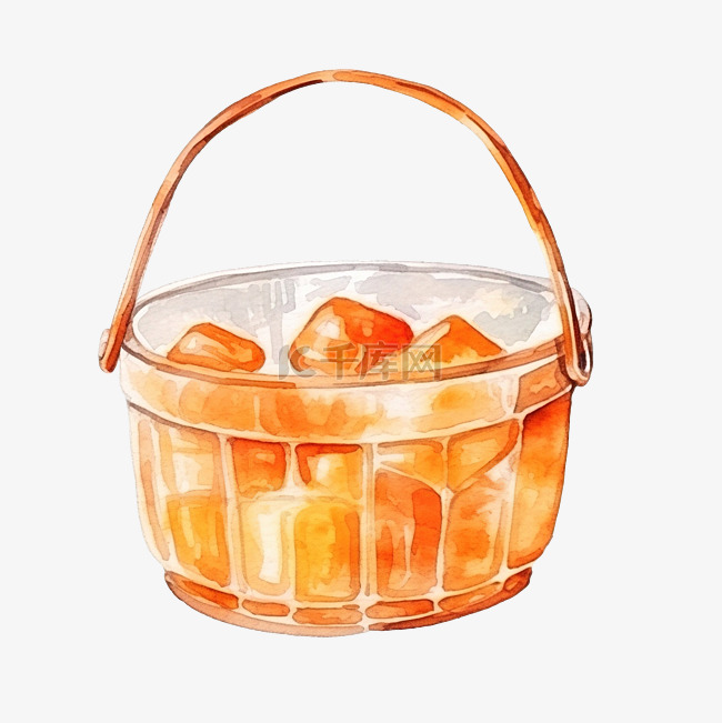 水彩玻璃篮橙色篮子挂在绳子上，
