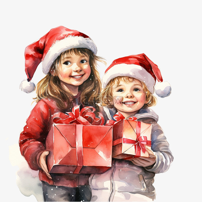 快乐的孩子们在圣诞树旁一起拿着