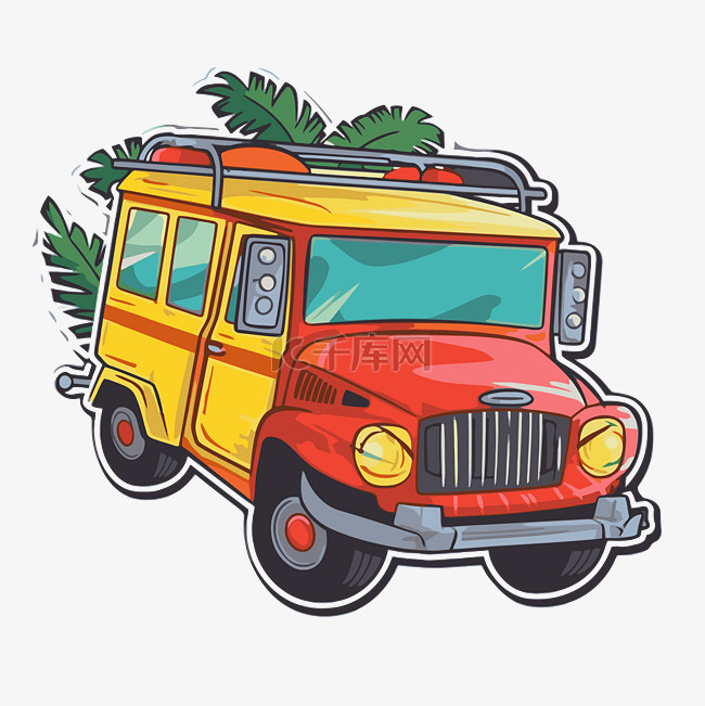 一辆红色和黄色货车与棕榈树的卡