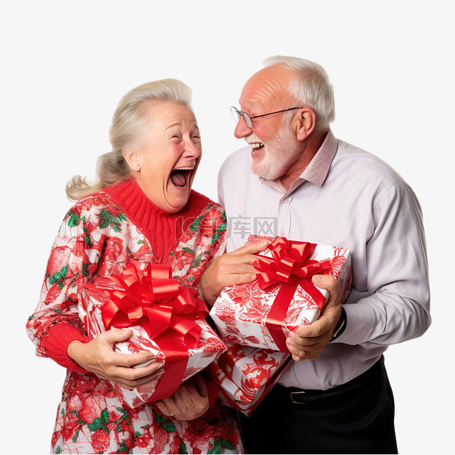 祖父母用圣诞包装礼物互相惊喜，