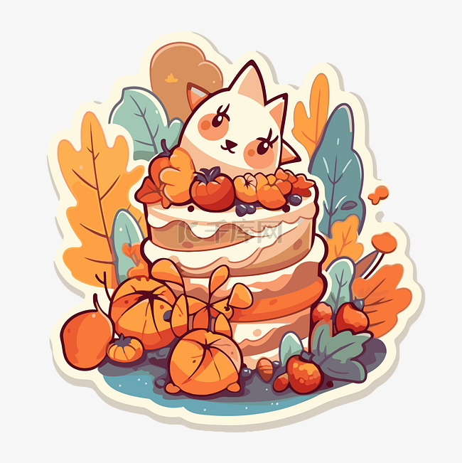 猫坐在蛋糕上，上面有秋天的水果