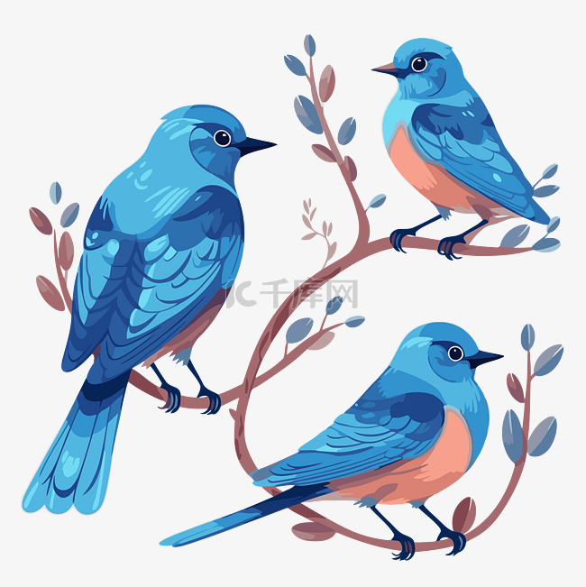 蓝鸟剪贴画 三只蓝鸟坐在树枝上