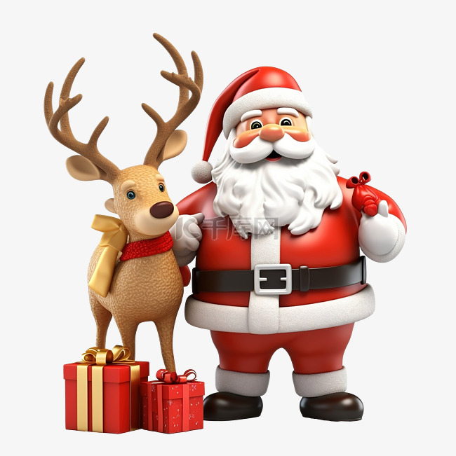 圣诞老人和驯鹿的卡通 3D 渲