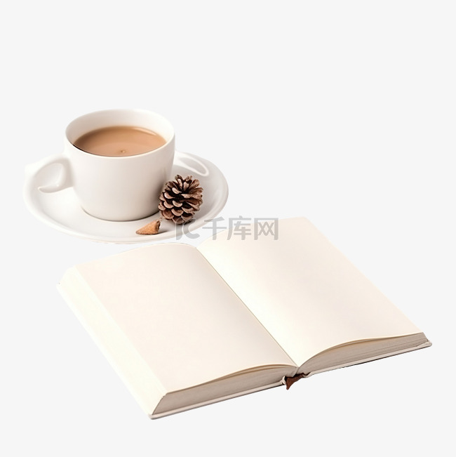 桌上有一杯咖啡和圣诞装饰品的书