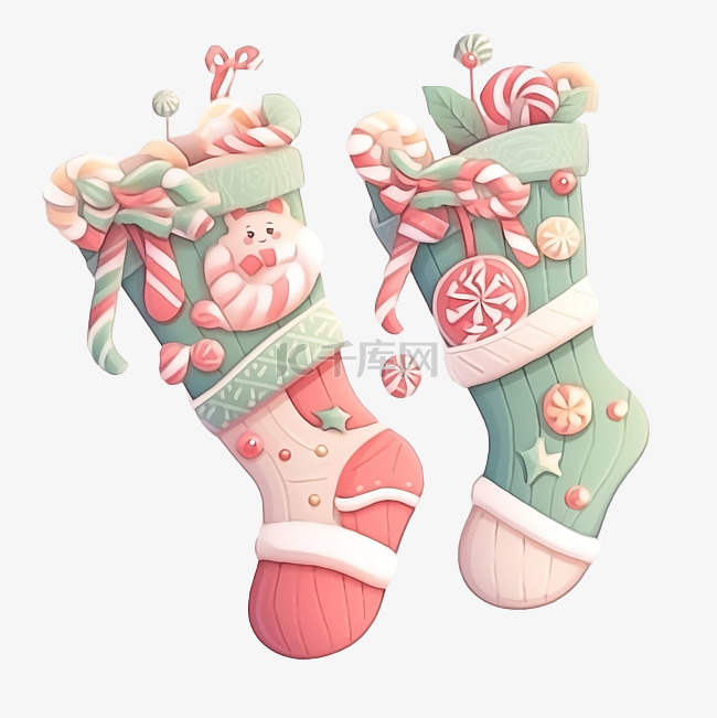 3d 插图冬青和糖果圣诞装饰袜子