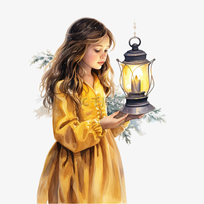 树前穿黄色裙子的女孩拿着圣诞灯