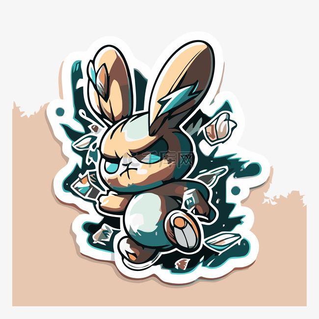 米色背景上愤怒的小黑兔子贴纸 
