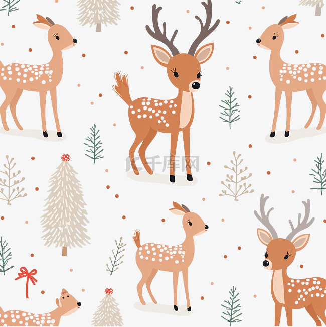 圣诞贺卡可爱画鹿与无缝图案集