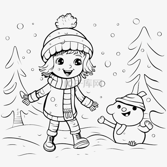 小女孩在冬衣矢量着色页的雪地里