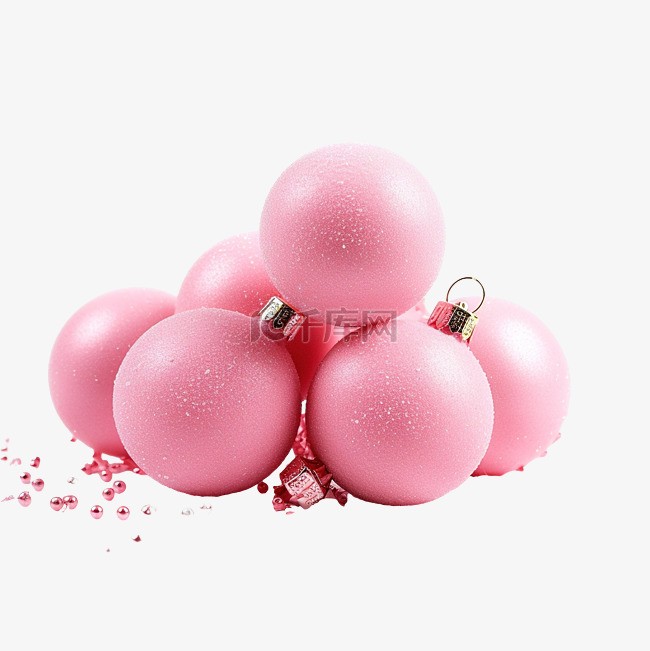 美丽的粉红色圣诞球在雪中隔离在