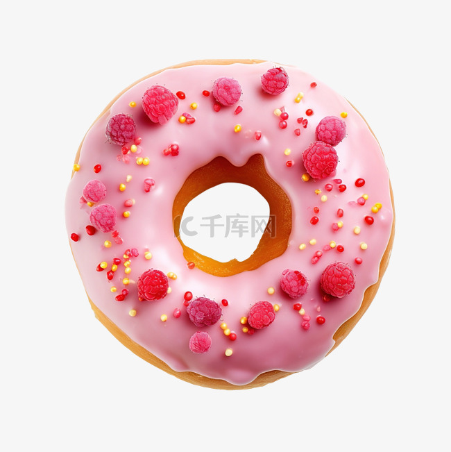带有粉红色水果釉的圆形甜甜圈顶