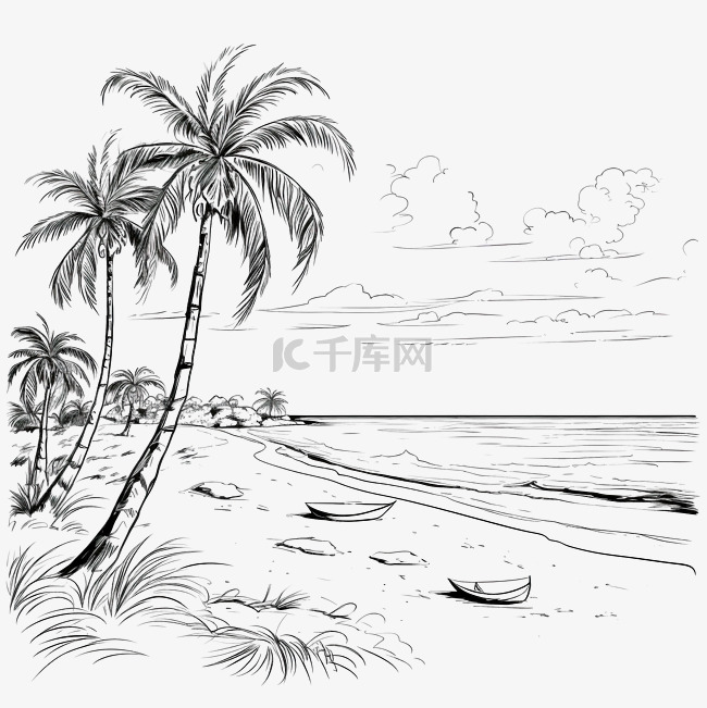 海滩风景黑色素描轮廓与棕榈树和