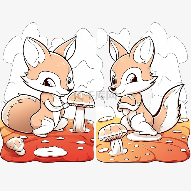 卡通插图两只狐狸坐在蘑菇着色书