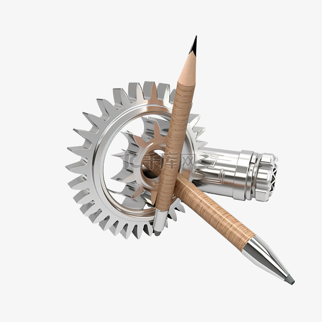 铅笔和齿轮的 3d 插图