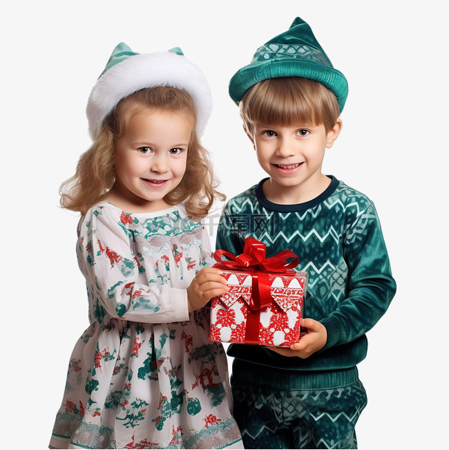 穿着圣诞服装和圣诞树玩具的孩子