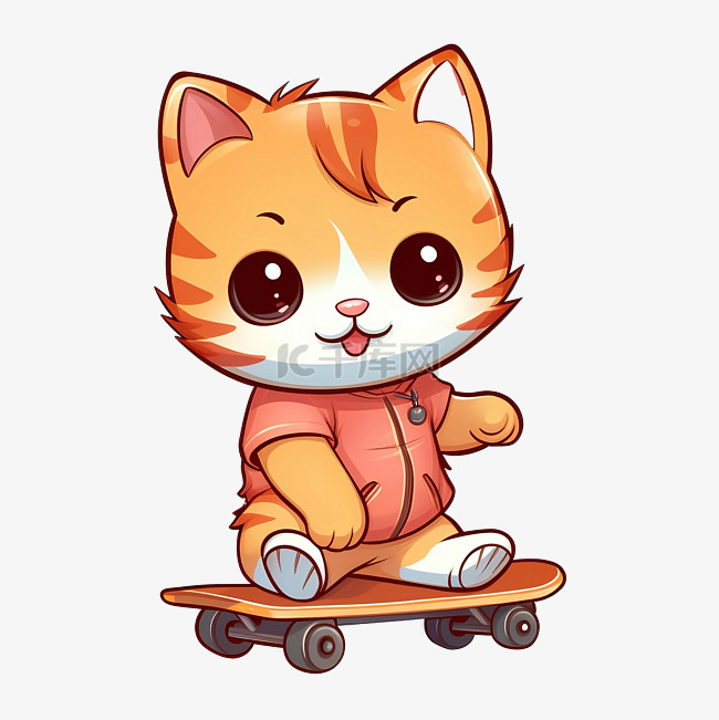 滑板上可爱猫咪插画卡通贴纸pn