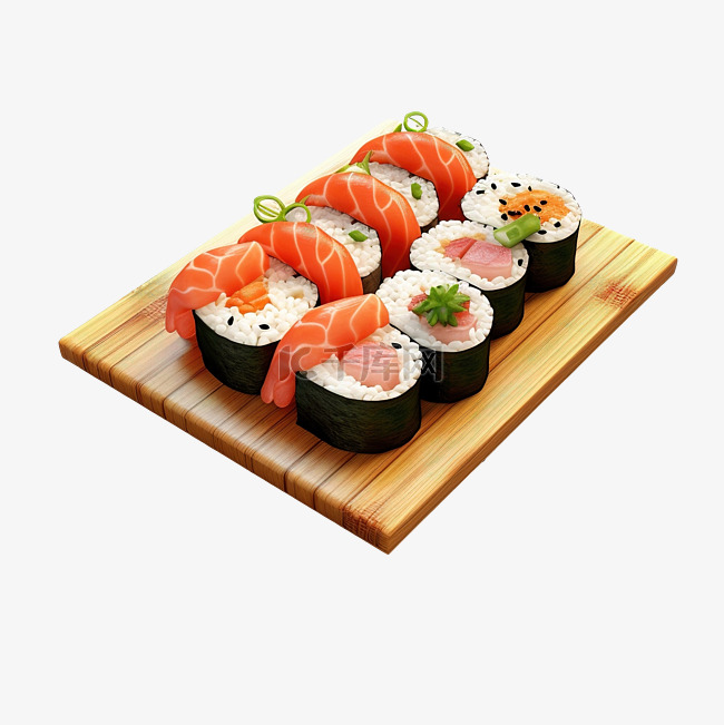 亚洲食品寿司的 3d 插图