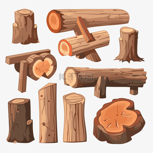 卡通风格的伐木原木的木材剪贴画