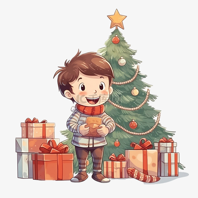 男孩客厅树沙发礼物墙砖圣诞快乐