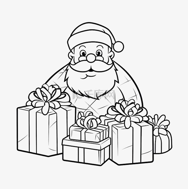 圣诞老人坐在礼品盒卡通附近的圣