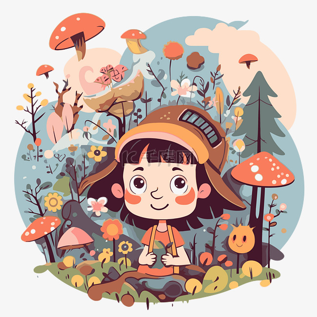 想象剪贴画卡通女孩在森林里的蘑