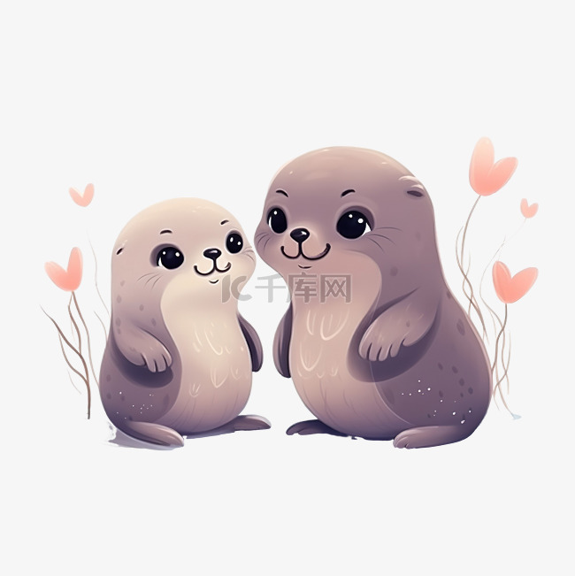 可爱的海豹动物恋爱情人节插画