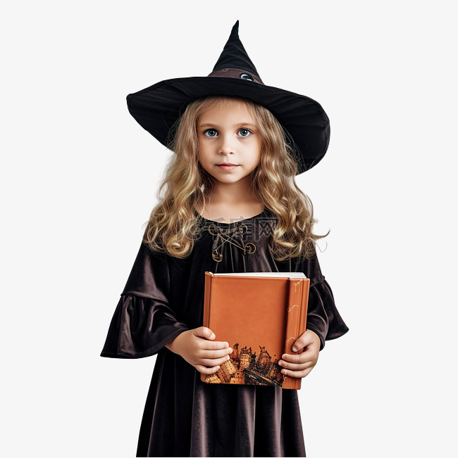 小女孩打扮成女巫，手里拿着一本