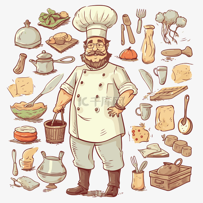 厨师剪贴画卡通厨师与他周围的厨