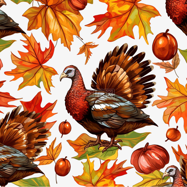 感恩节火鸡和秋天的树叶形成无缝