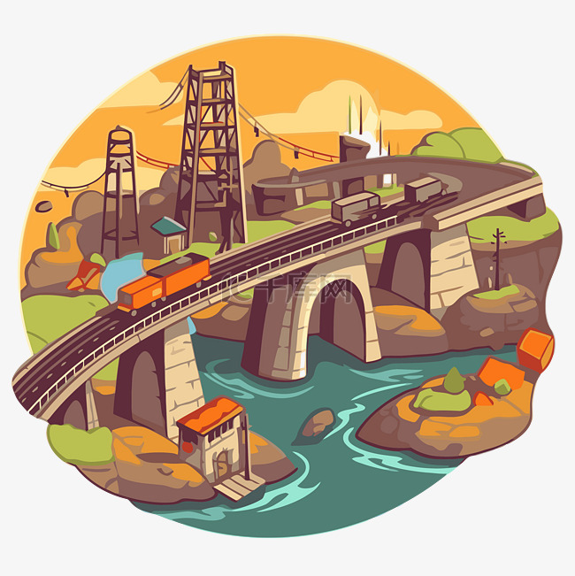 卡通火车插图与铁路和桥梁剪贴画