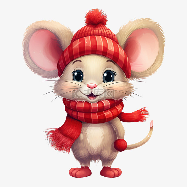 可爱的卡通圣诞老鼠在红帽子和围