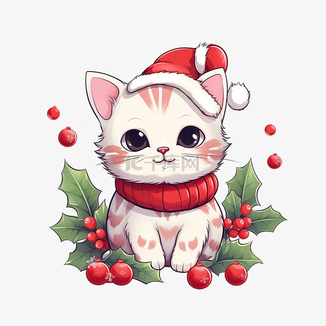圣诞快乐可爱的猫画与红色浆果卡