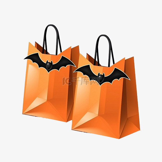 万圣节购物橙色包纸袋，附有蝙蝠