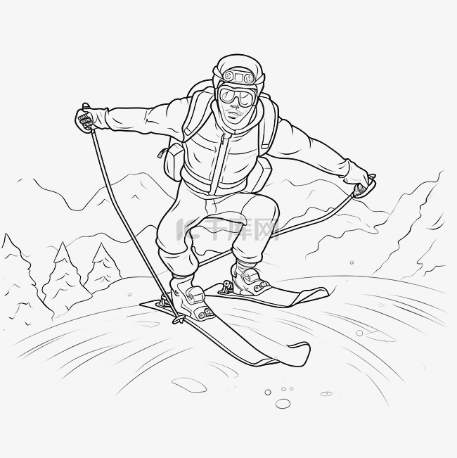 卡通人物在冬季着色书页滑雪