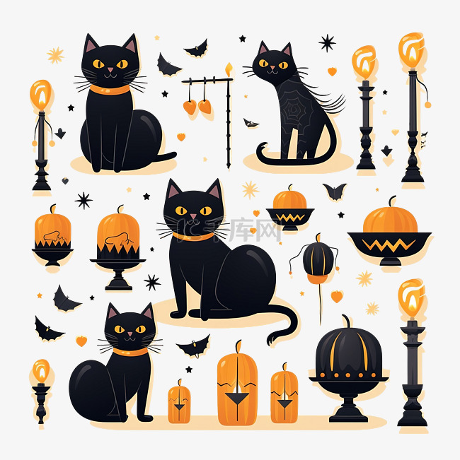 黑猫和万圣节装饰物矢量图