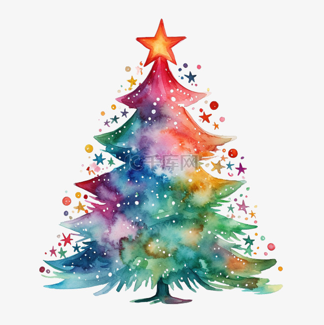 水彩圣诞树和星星水彩矢量插画x