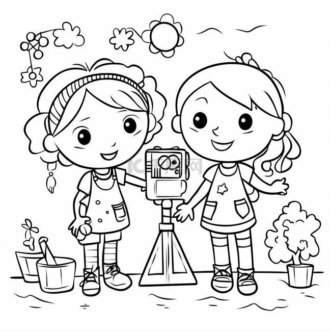 着色页与两个女孩与花卉园艺设备