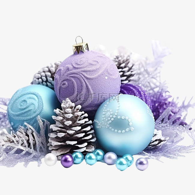 雪中??美丽的蓝色和紫色圣诞球