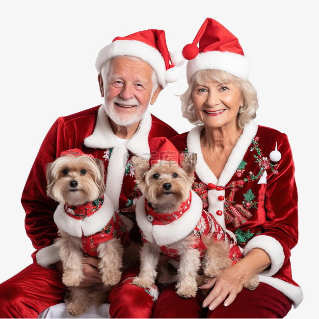 老夫妇和他们的狗穿着圣诞服装