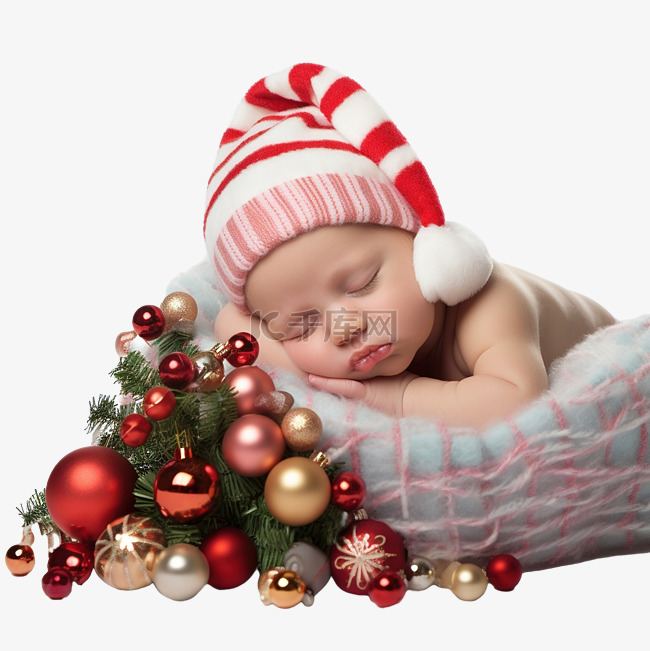 新生女婴睡在圣诞树下，手里拿着