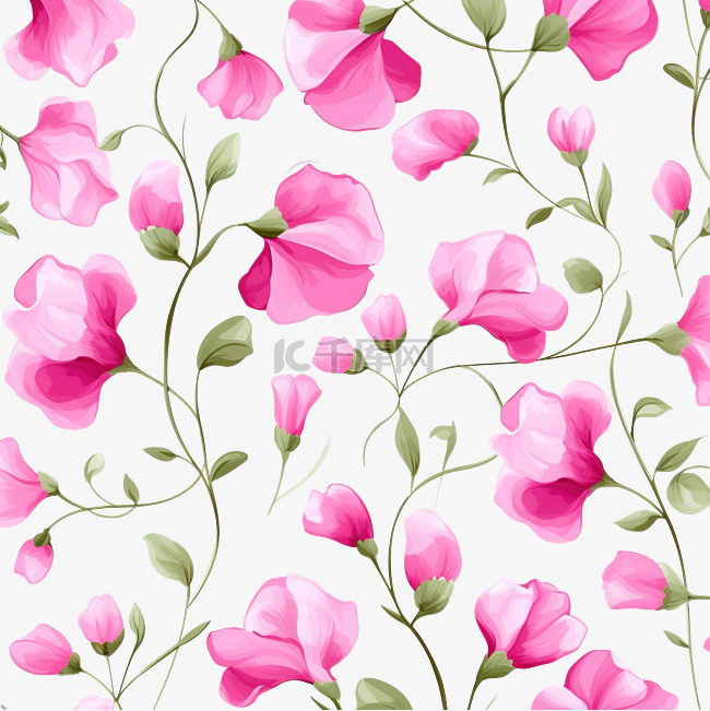 粉红色花朵甜豌豆花无缝图案织物