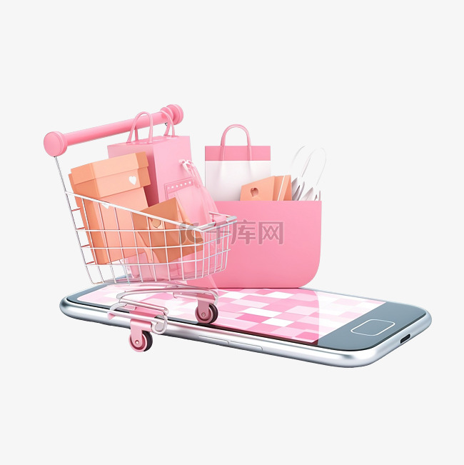 3D 手机或粉色智能手机，带店