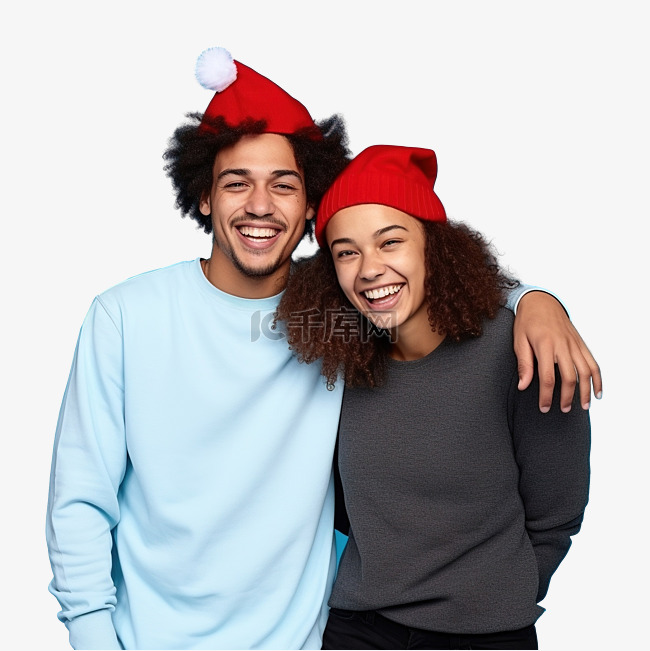 快乐的多种族年轻夫妇戴着圣诞红