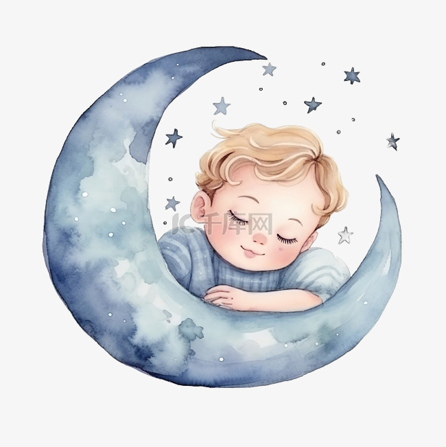 月亮睡觉的儿童水彩卡通