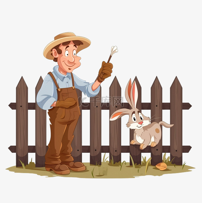 木栅栏附近有干草叉的兔农